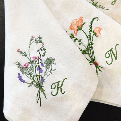 Personalized Linen Napkins With Wildflower Embroidery - 18x18 inches
