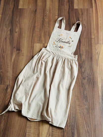 Personalized Beige Apron with Botanical Embroidery & Name