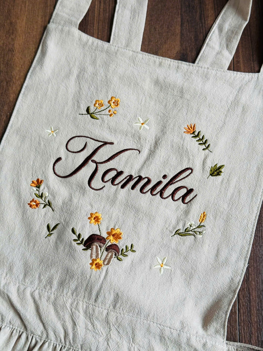 Personalized Beige Apron with Botanical Embroidery & Name